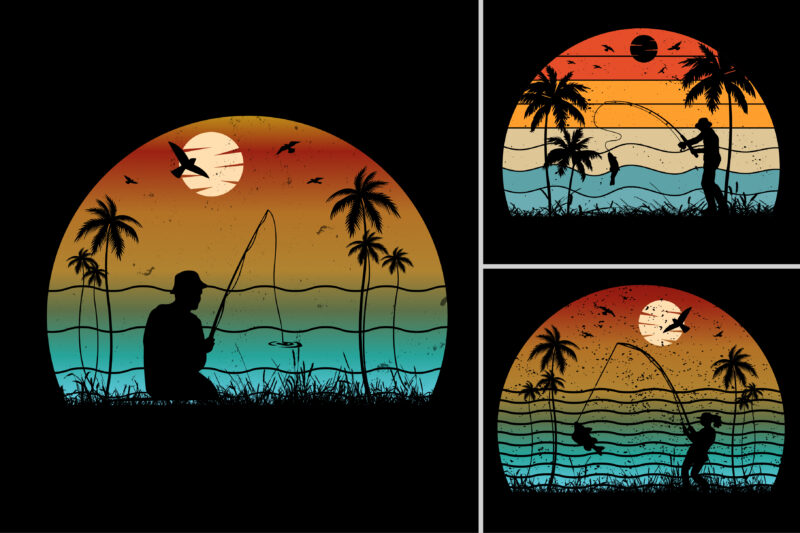 Fishing Sunset Retro Vintage Background Bundle