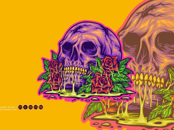 Skull head botanical roses illustrations t shirt template vector