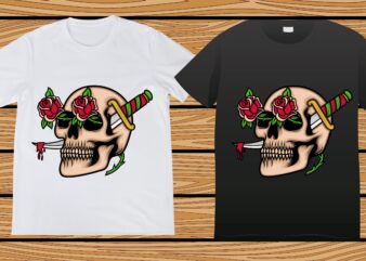 Skull with Dagger and Rose Flower Tattoo T-shirt design