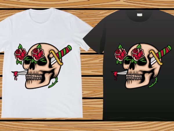 Skull with dagger and rose flower tattoo t-shirt design