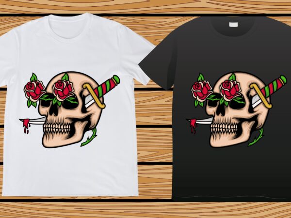 Skull with dagger and rose flower tattoo t-shirt design Skull with dagger and rose flower tattoo t-shirt design