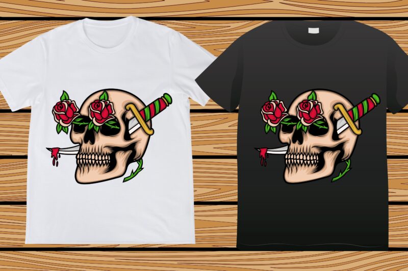 Skull with Dagger and Rose Flower Tattoo T-shirt design