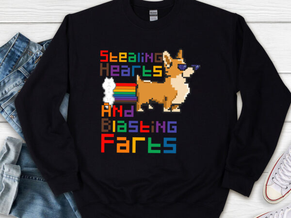 Stealing hearts and blasting farts funny cute corgi pixel rainbow nl t shirt template vector