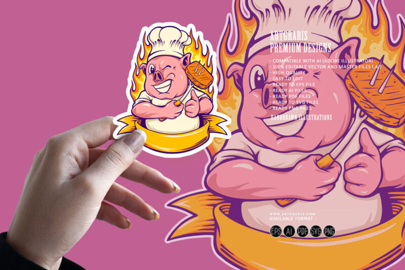 Cute piggy chef logo ribbon scroll Illustrations