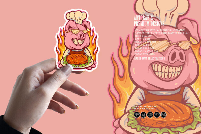 Chef pig meat bbq mascot illustration