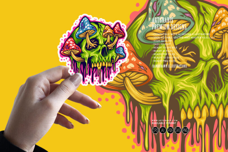 Magic mushrooms skull colorful illustrations