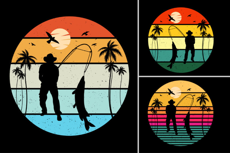 Fishing Sunset Retro Vintage Background Bundle
