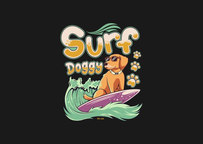 Surf Doggy – Surfing Dog T-shirt Design | Surfing Animal, Surfing Paradise T-shirt Designs Illustration – Universtock