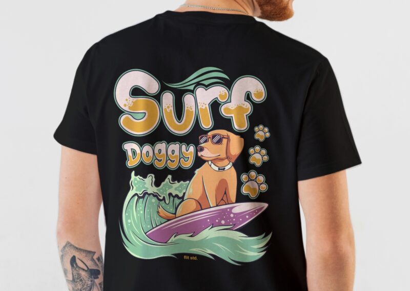 Surf Doggy – Surfing Dog T-shirt Design | Surfing Animal, Surfing Paradise T-shirt Designs Illustration – Universtock