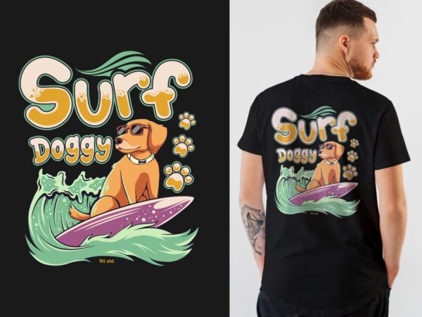 Surf doggy – surfing dog t-shirt design | surfing animal, surfing paradise t-shirt designs illustration – universtock