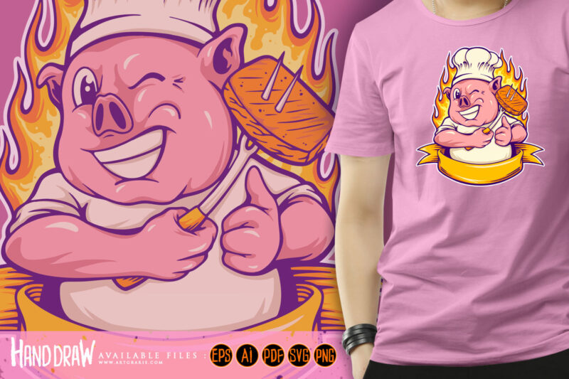 Cute piggy chef logo ribbon scroll Illustrations