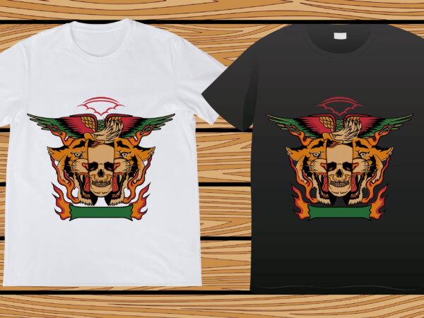 Tiger and skull drawing tattoo t-shirt design