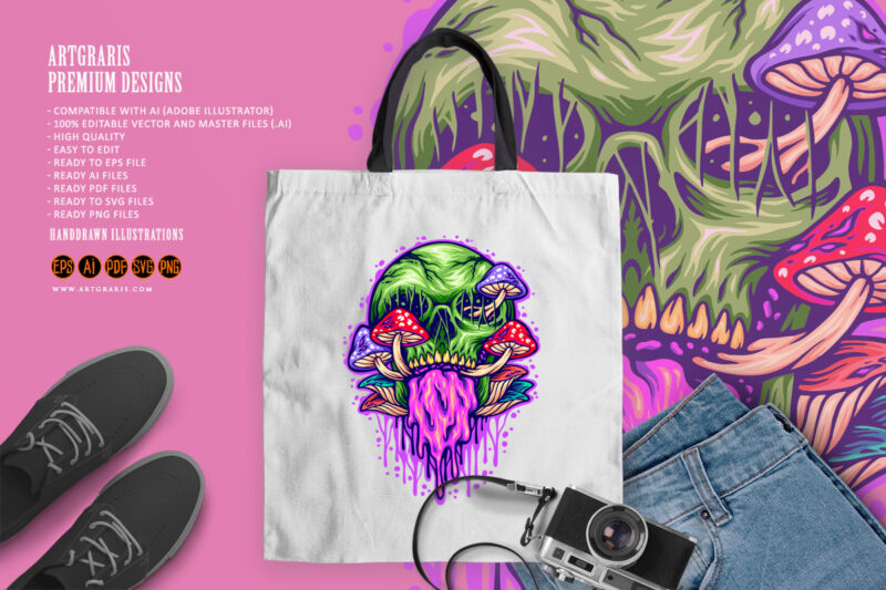 Psychedelic mushrooms skull colorful Illustrations