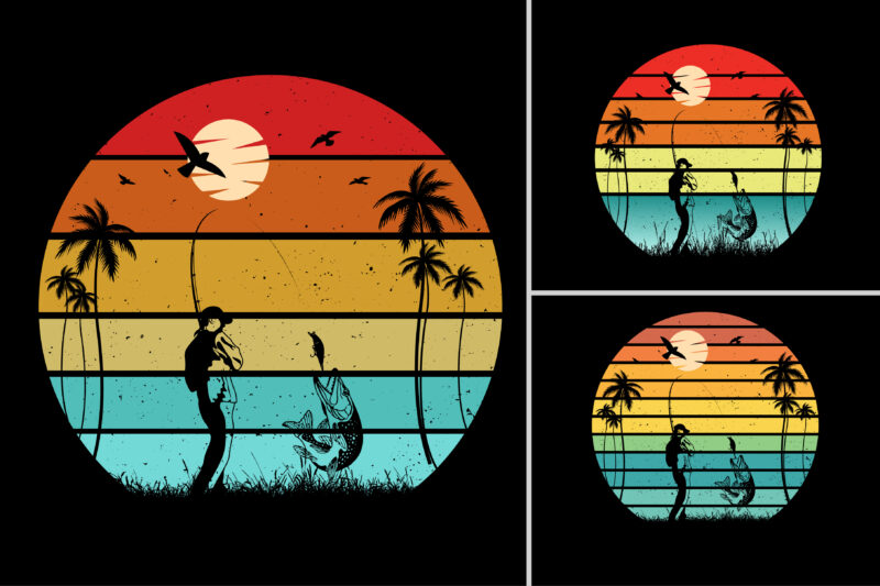 Fishing Sunset Retro Vintage Background Bundle
