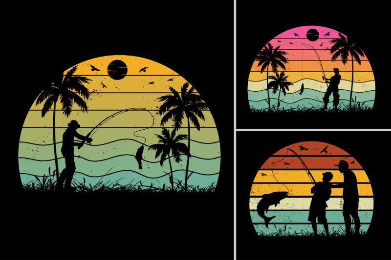 Fishing Sunset Retro Vintage Background Bundle