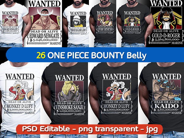 Wanted bounty belly anime one piece t shirt design bundle