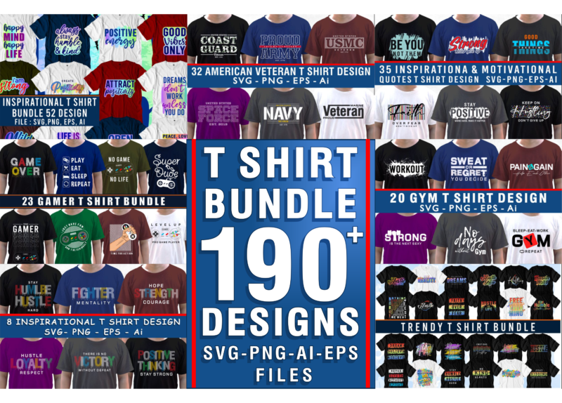 Huge 190+ T shirt Designs Bundle, Inspirational T shirt Designs, Gym T shirt Designs, Motivational T shirt Design, Quotes T shirt Designs, Slogans T shirt Design, Gamer T shirt designs,