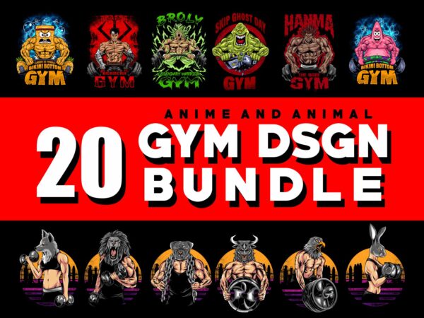 20 anime and animal gym fitness tshirt design bundles