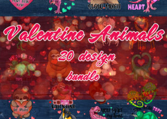Valentine Animals Bundle PNG, Animals PNG, Sloth, Dinosaur, Cat, Sheep