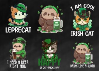 6 cute st patrick’s day sloth and cat wear irish hat and drink beer funny t shirt design bundle