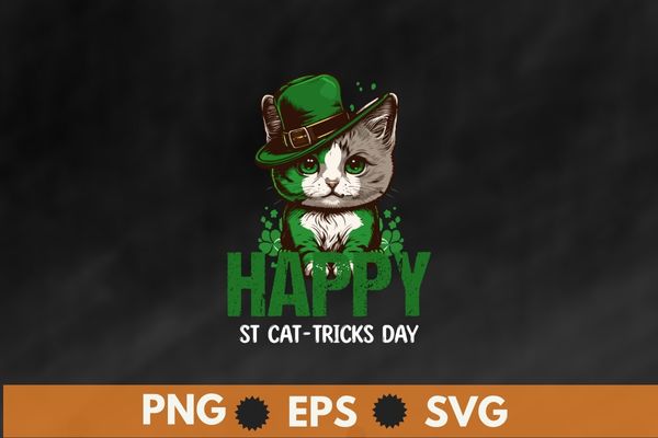 Happy st cat-tricks day, cool cat wear wear Irish hat, funny st patricks day theme T-shirt design vector,