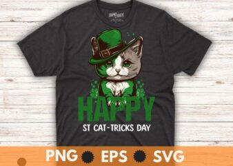 Happy st cat-tricks day, cool cat wear wear Irish hat, funny st patricks day theme T-shirt design vector,