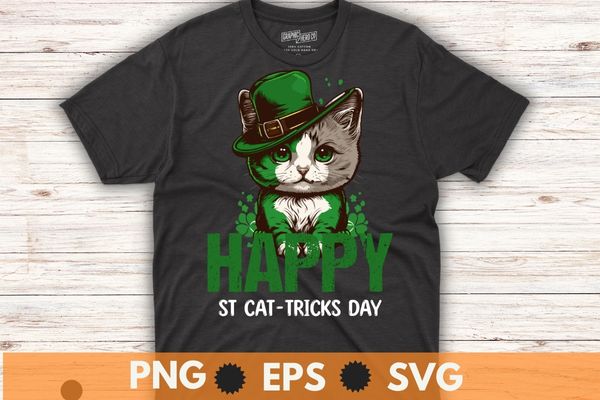 Happy st cat-tricks day, cool cat wear wear irish hat, funny st patricks day theme t-shirt design vector,