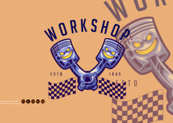 Angry motor piston racing garage workshop cartoon logo mascot Illustrations