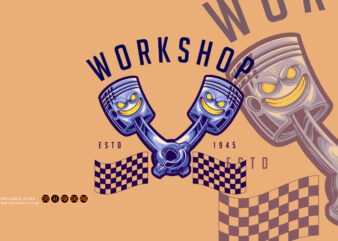 Angry motor piston racing garage workshop cartoon logo mascot Illustrations t shirt vector