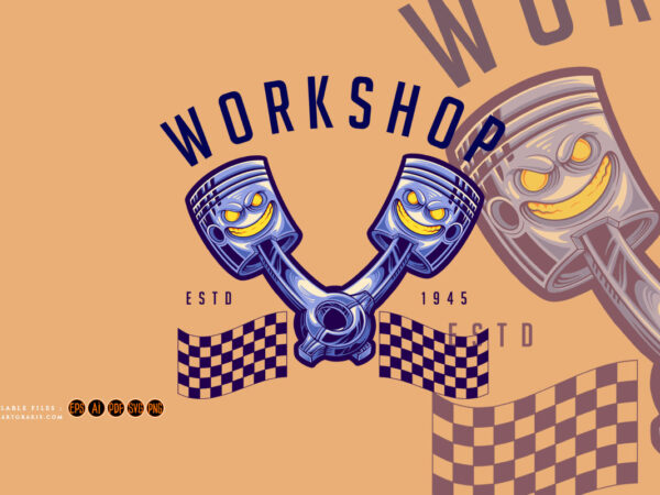Angry motor piston racing garage workshop cartoon logo mascot illustrations t shirt vector