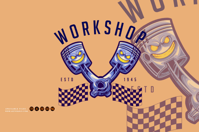 Angry motor piston racing garage workshop cartoon logo mascot Illustrations