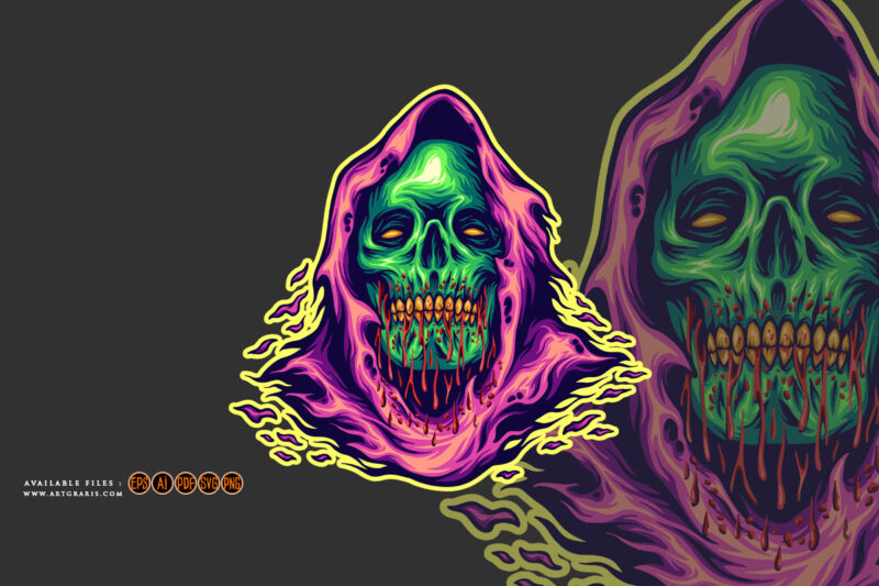Monster skull head grim reaper cartoon logo illustrations