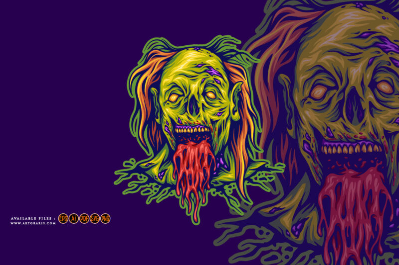 Spooky evil zombie clown head cartoon illustrations
