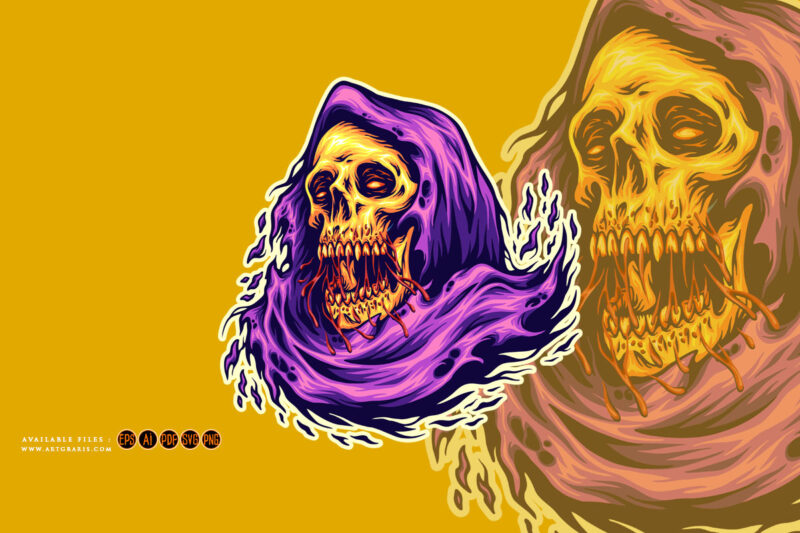 Scary monster skull head grim reaper cartoon mascot illustrations