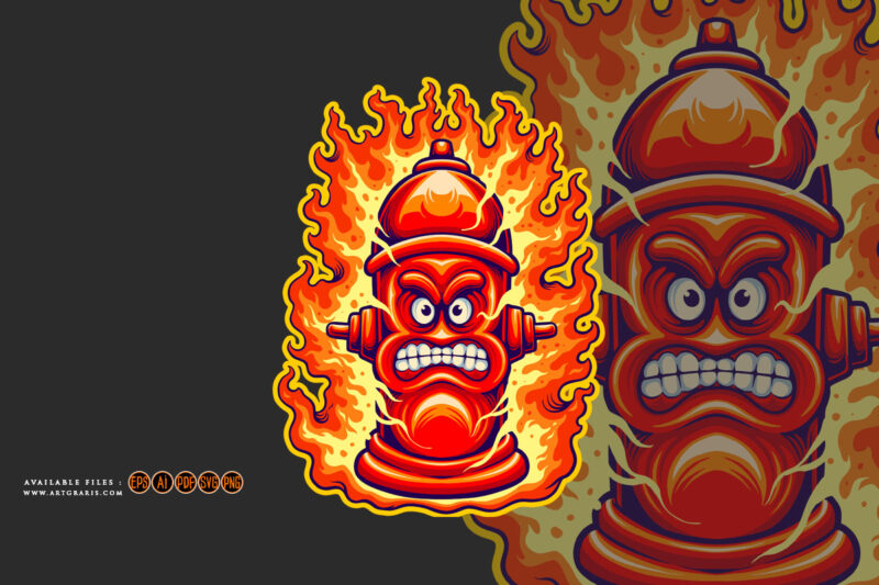 Classic creepy flaming fire hydrant logo cartoon Illustrations