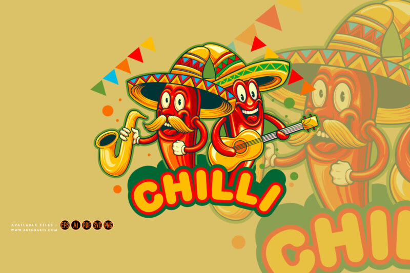 Cute chilli peppers cinco de mayo playing music illustrations