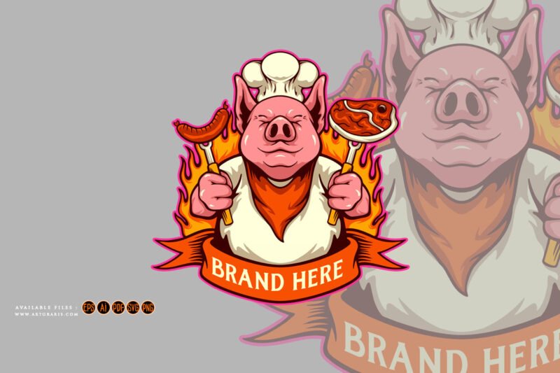 Funny chef pig delicious meat bbq logo cartoon illustrations
