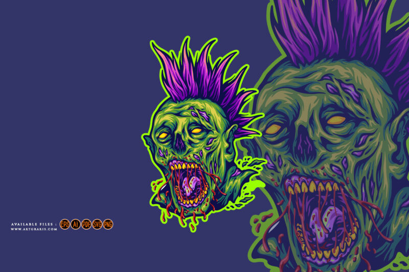 Terror monster zombie head punk style illustration