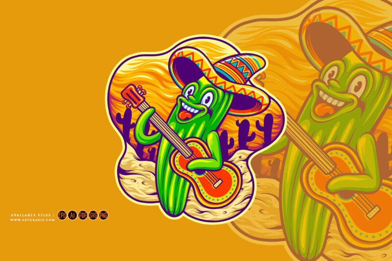 Cactus mexico cinco de mayo guitar playing logo illustrations