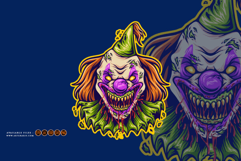 Horror circus clown head cartoon logo illustration