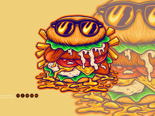 Cute burger cool cartoon logo illustrations t shirt vector file