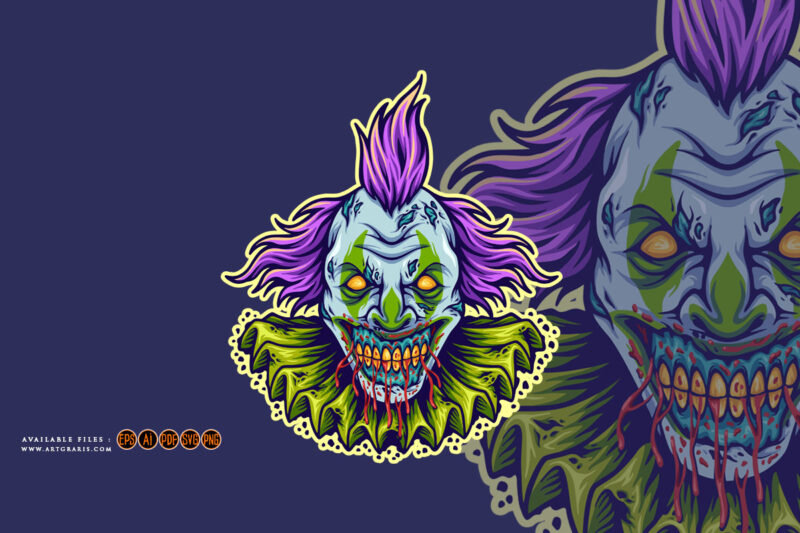Spooky circus clown head cartoon logo illustration