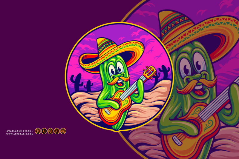 Mexican cactus cinco de mayo sombrero guitar illustrations