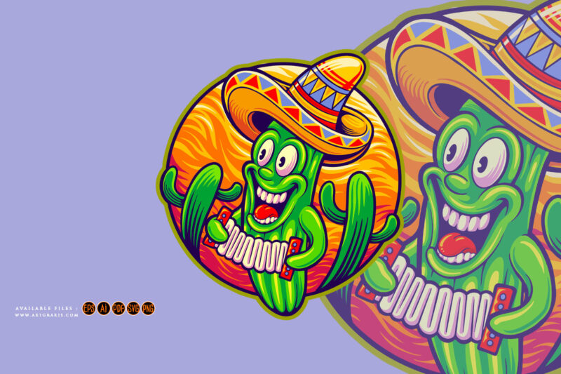 Funny mexican cinco de mayo cactus playing music illustration
