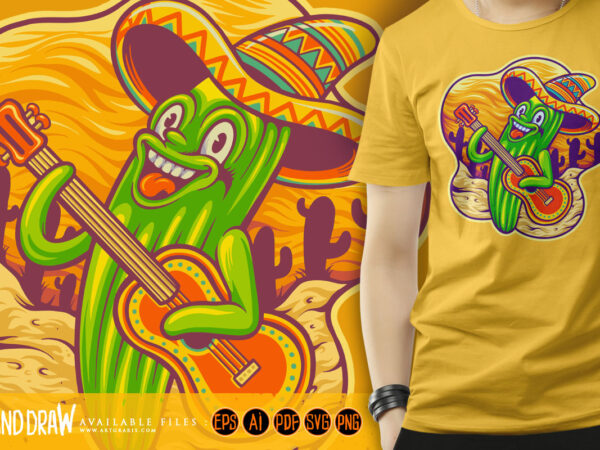 Cactus mexico cinco de mayo guitar playing logo illustrations t shirt vector file