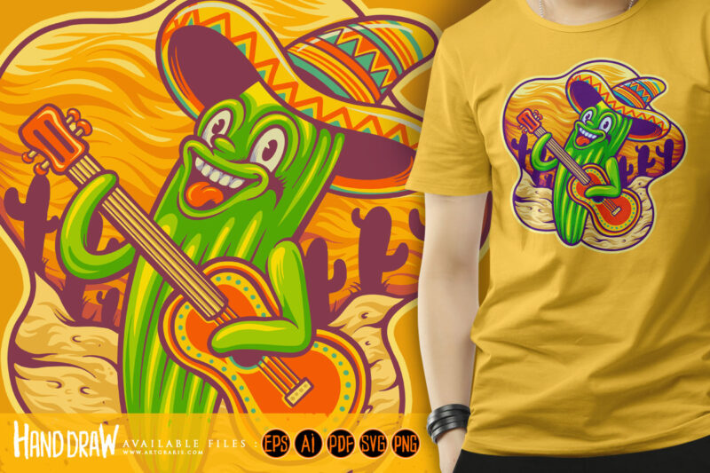 Cactus mexico cinco de mayo guitar playing logo illustrations