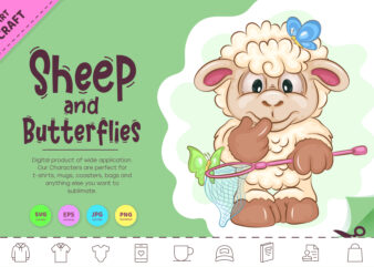 Cartoon Sheep and Butterflies. Clipart. t shirt vector file