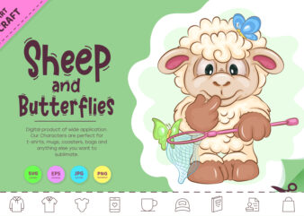 Cartoon Sheep and Butterflies. Clipart.