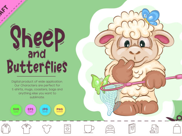 Cartoon sheep and butterflies. clipart. t shirt vector file