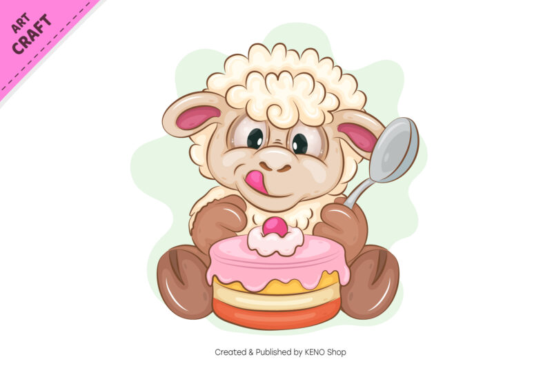 Cartoon Sheep and Cake. Clipart.